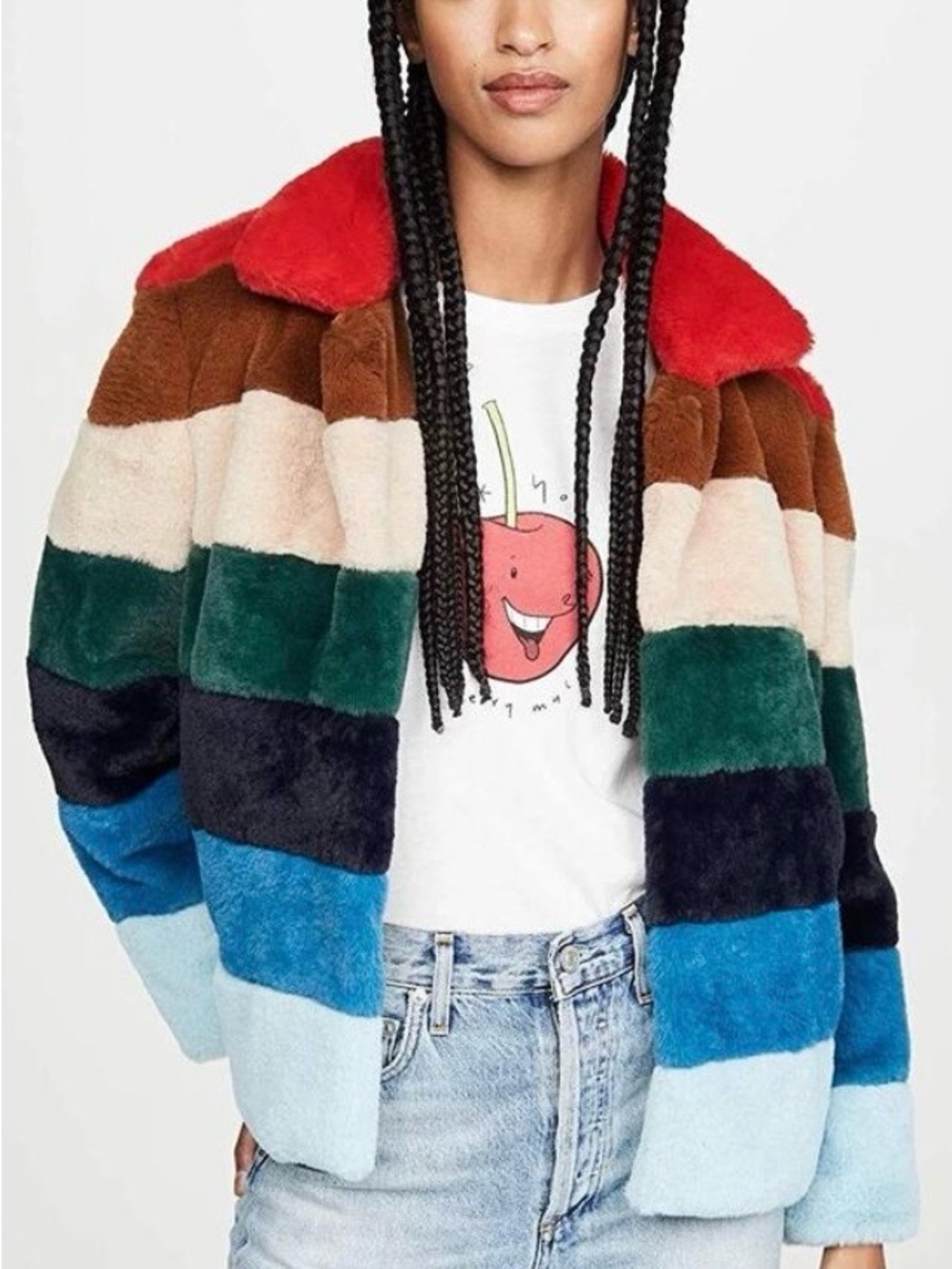 Multicolor Faux Fur Striped Jacket - Red Collar
